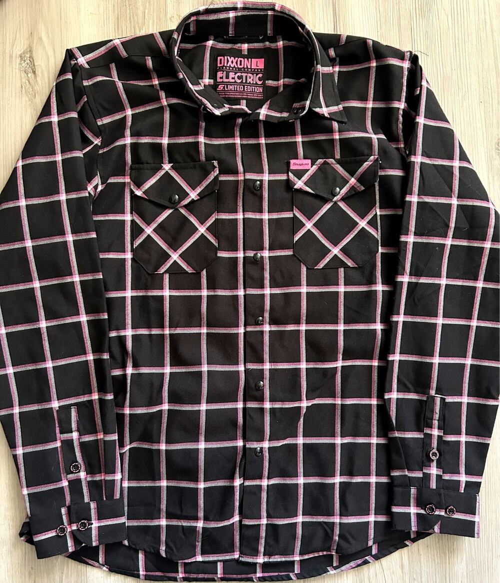 Men's Dixxon Electric Snap-On Breast Cancer Awareness Flannel Shirt Sz Large EUC